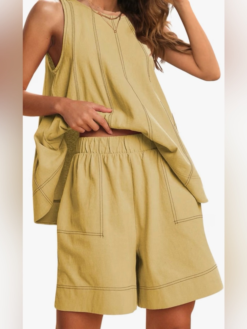 NWT- Women’s 2-Pc Sleeveless Tank Top & Elastic Waist Short Set, Yellow, Sz XL